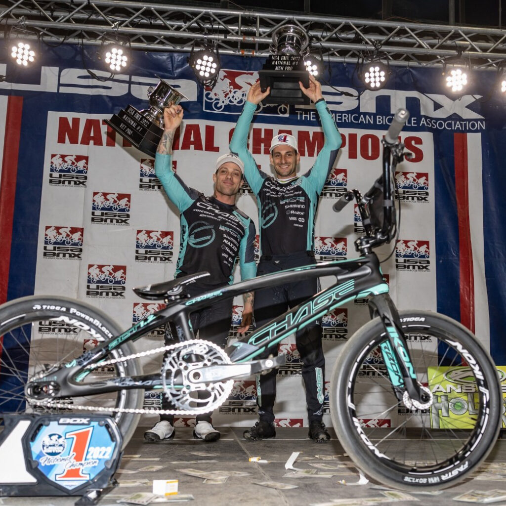 The Chase Pro team riders Joris Daudet and Barry Nobles both earned USA BMX #1 plates at the 2022 USA BMX Grand Nationals in Tulsa, Oklahoma. Joris with the #1 Pro Title and Barry with the #1 Vet Pro title in Tulsa.  The 8th year in a row for Chase !